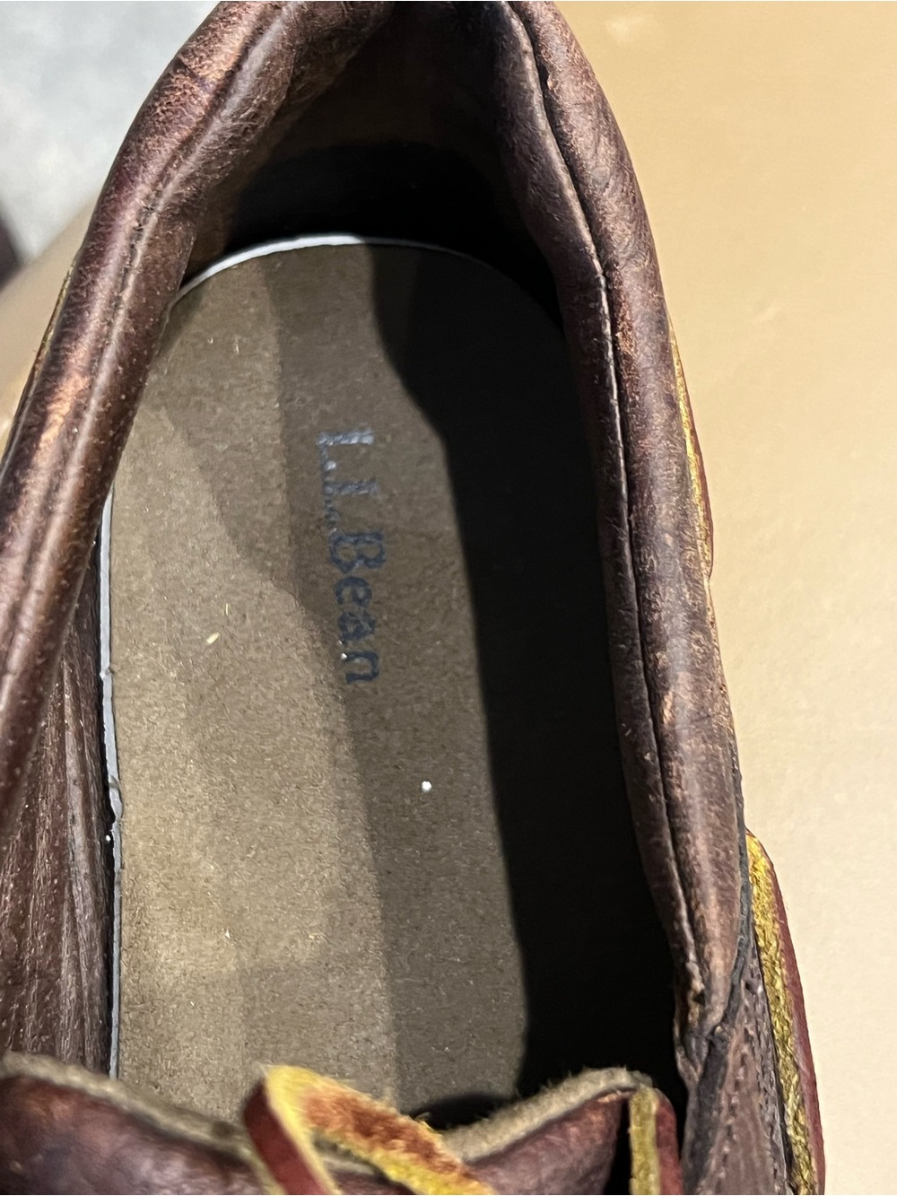 L.L. Bean Men's Dark Brown Leather Boat Shoes with Yellow Trim